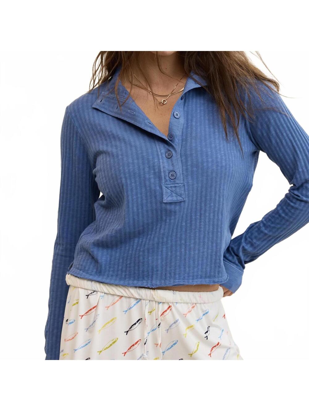 AE Aerie Shadow Stripe Henley T-Shirt American Eagle Marbled Blue XS